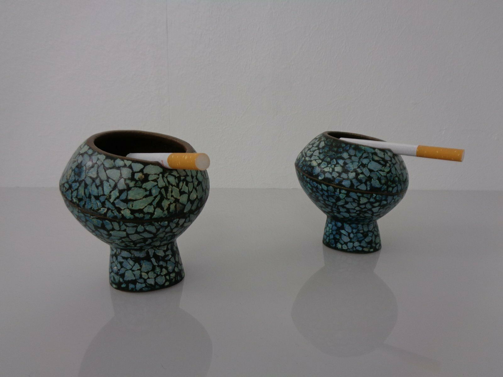 photo for sale Vintage Indian Copper & Turquoise Stones Ashtrays, 1960s, Set Of 2