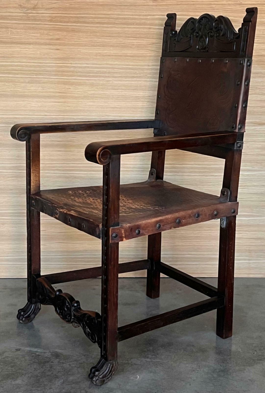 19th Spanish Carved Walnut Armchair With New Black Leather And Solomonic Columns photo Furniture