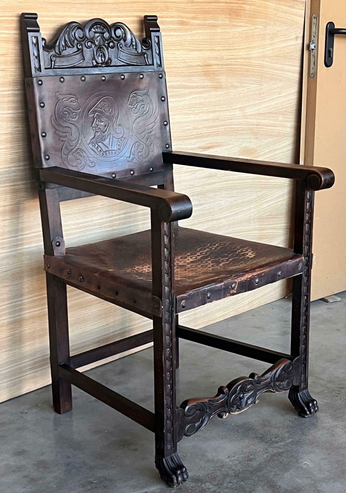 19th Spanish Carved Walnut Armchair With New Black Leather And Solomonic Columns photo 1716.0