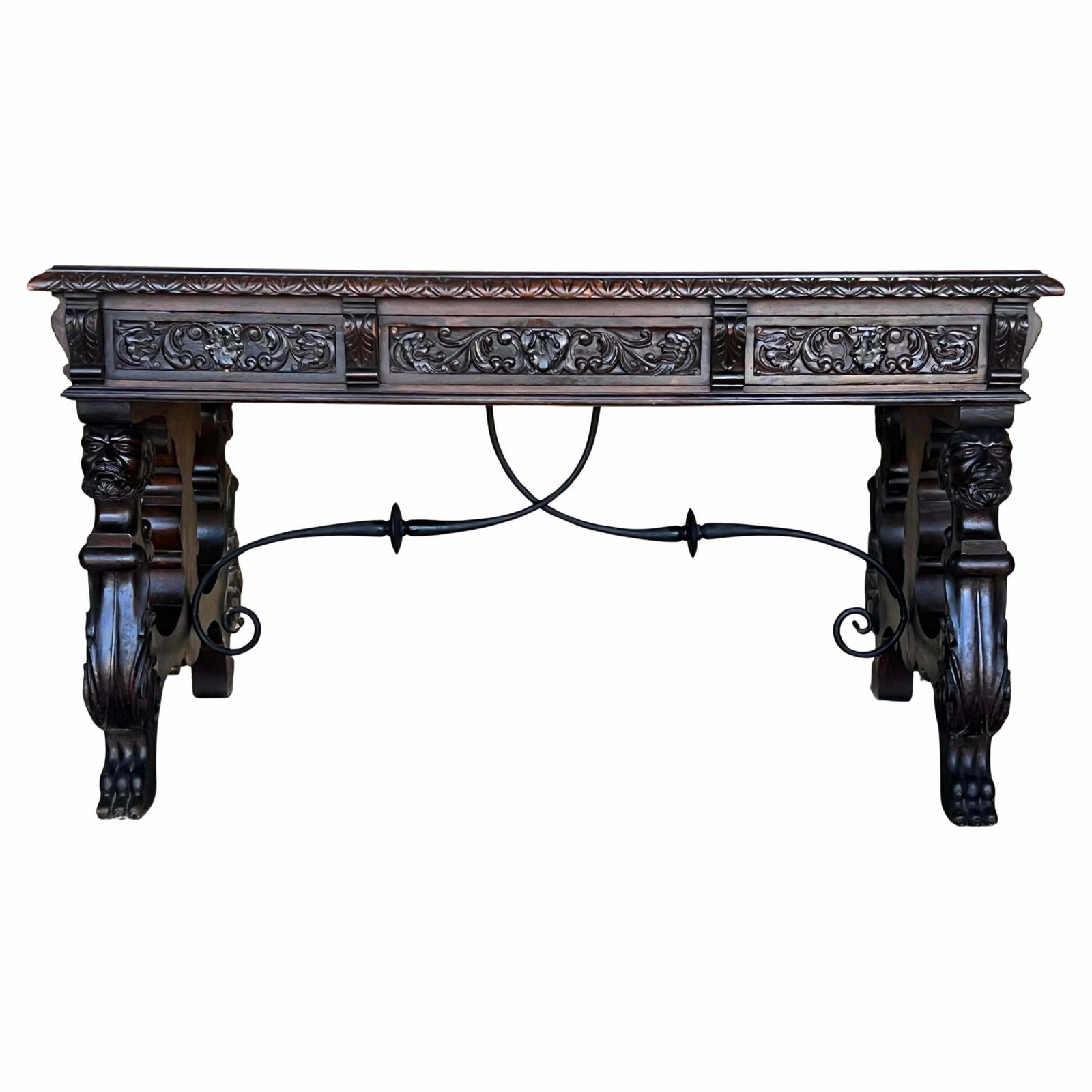 Table de bibliothèque ou bureau baroque espagnol à deux faces en chêne, XIXe siècle