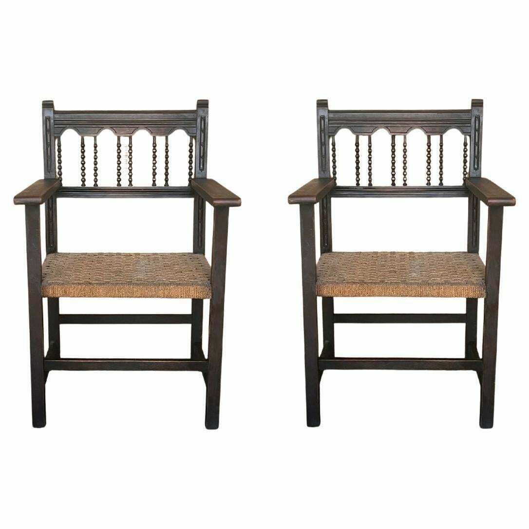 20th Century Pair Of Catalan Throne Armchairs In Walnut And Caned Seats