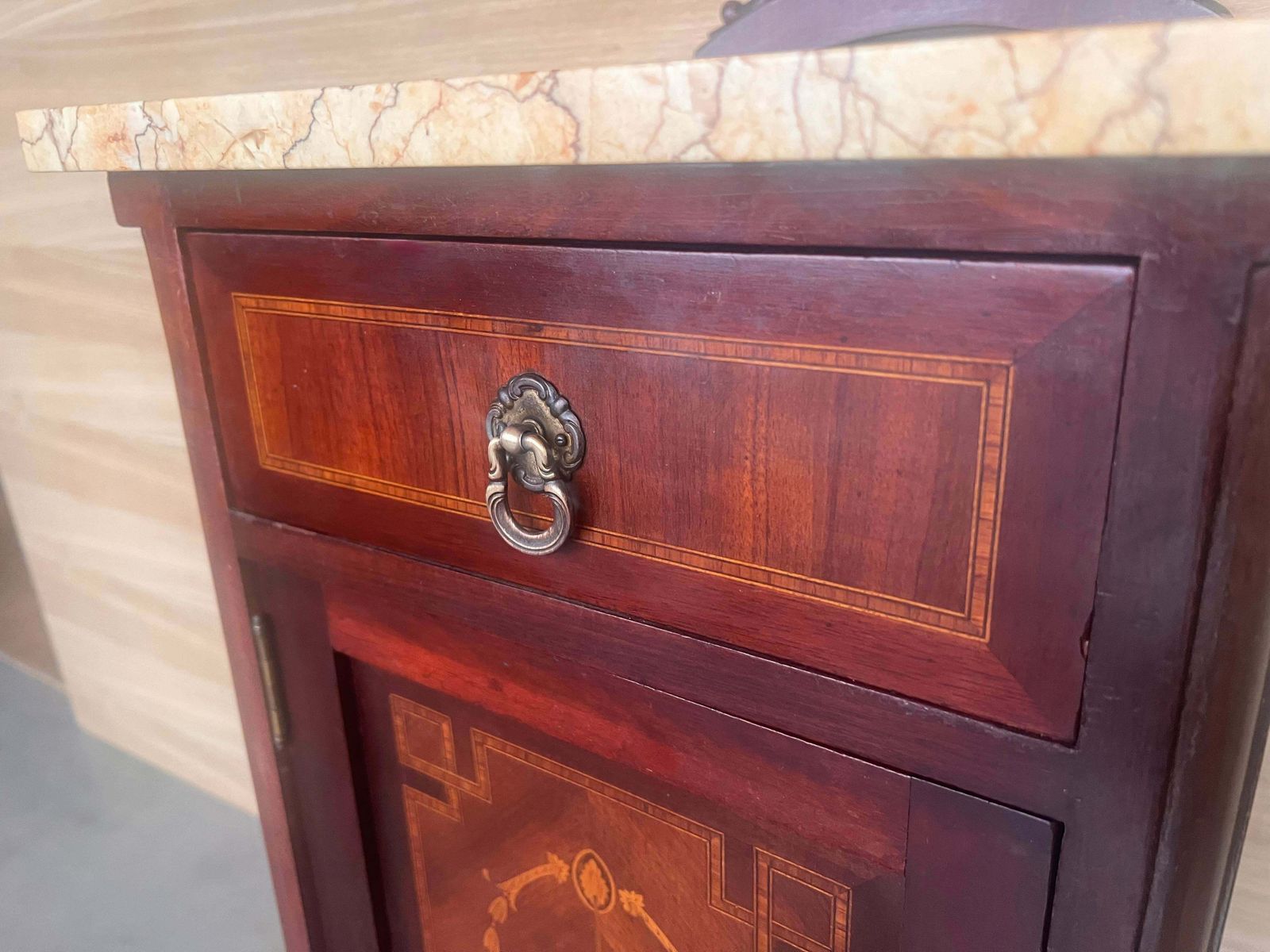 photo furniture 20th Century Pair Of Louis XVI Style Marble Top, Bronze And Walnut Nightstands