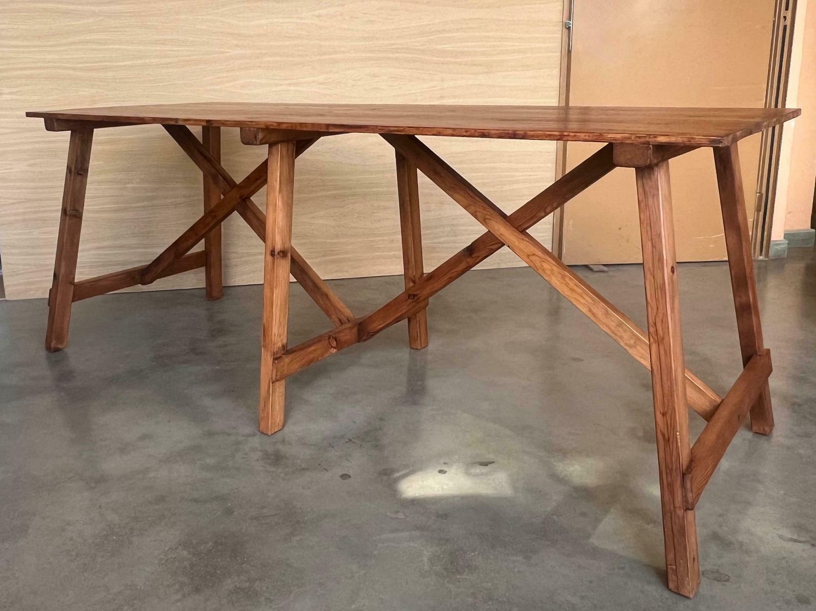 Furniture Set Of Two Spanish Rustic Pine Dining Tables With Stretcher photo