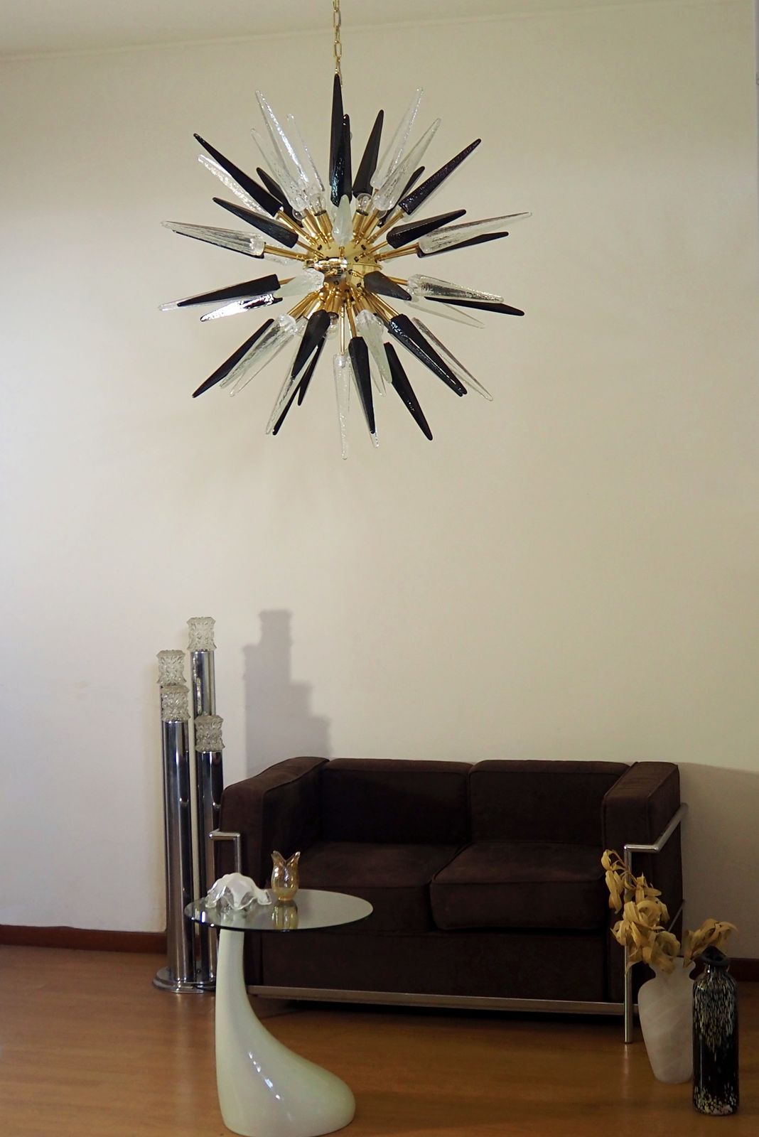 Exceptional Murano Trasparent And Black Glass Sputnik Chandelier   51 Glasses photo vintage