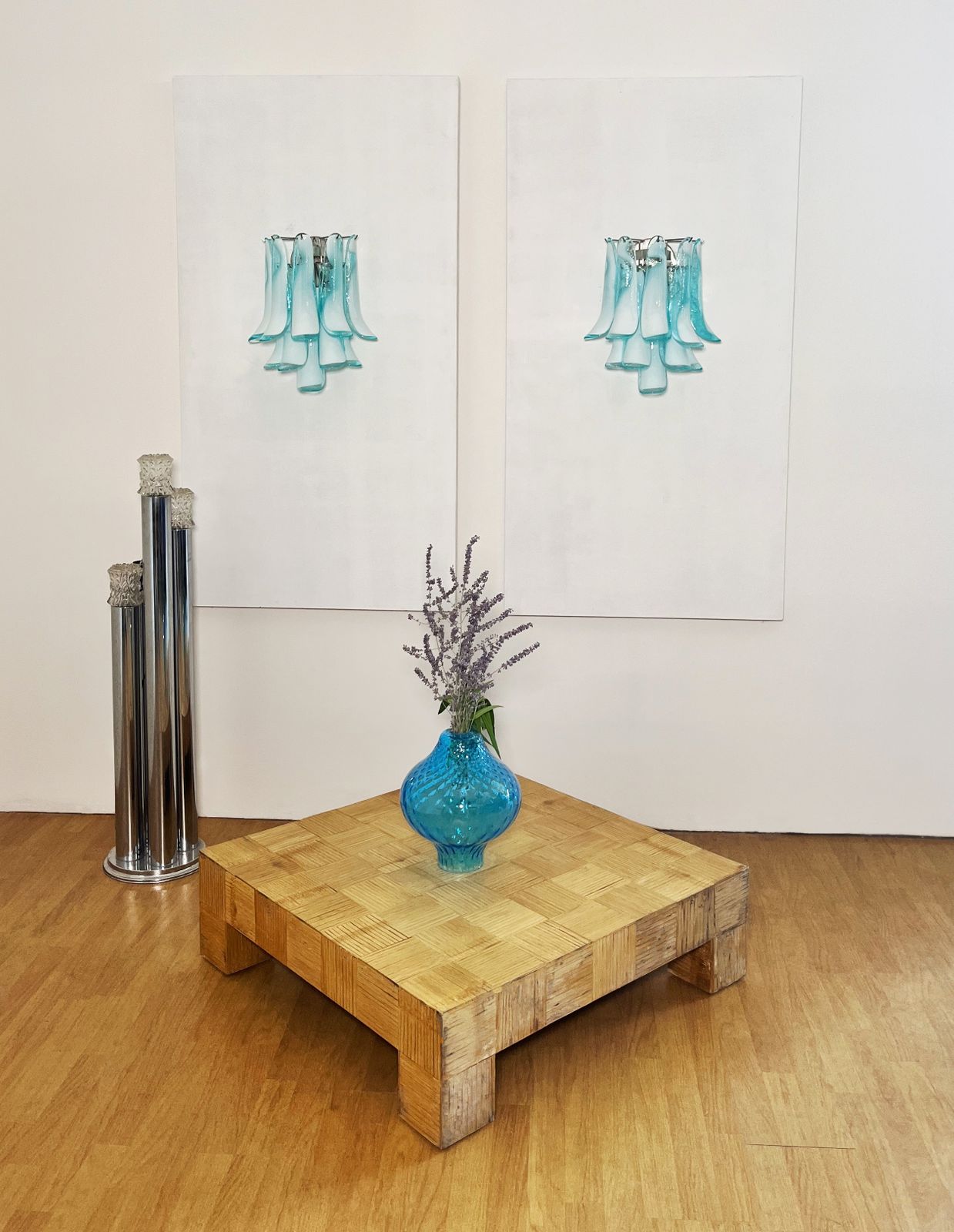 Pair Of Vintage Italian Murano Wall Lights   Mazzega   10 Turquoise Lattimo Glass Petals photo buy