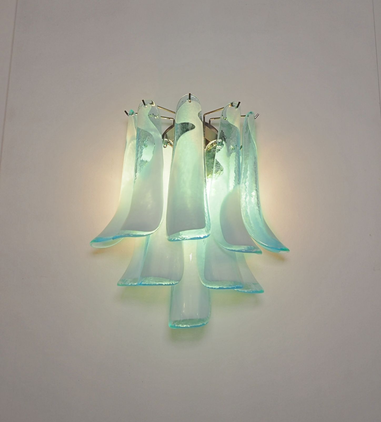 Pair Of Vintage Italian Murano Wall Lights   Mazzega   10 Turquoise Lattimo Glass Petals photo vintage