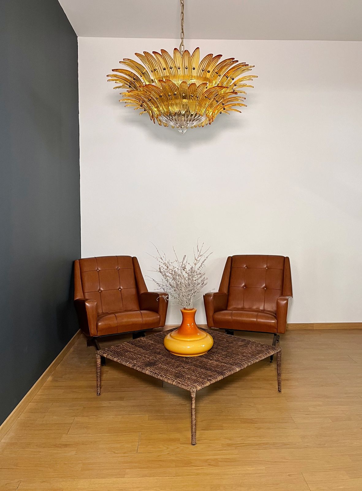 photo for sale Murano Chandelier Original Palmette, Two Levels, 82 Amber Glasses
