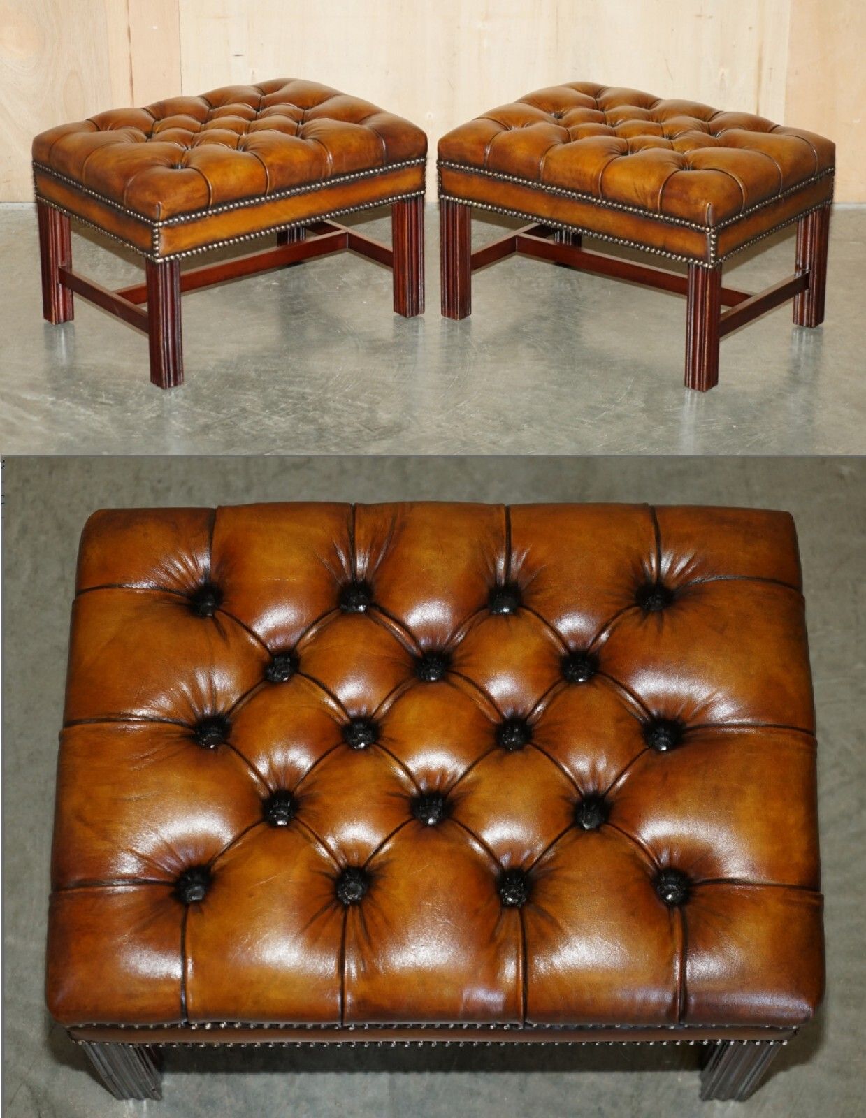 Pair Of Fully Restored Vintage Hand Dyed Brown Leather Chesterfield Footstools