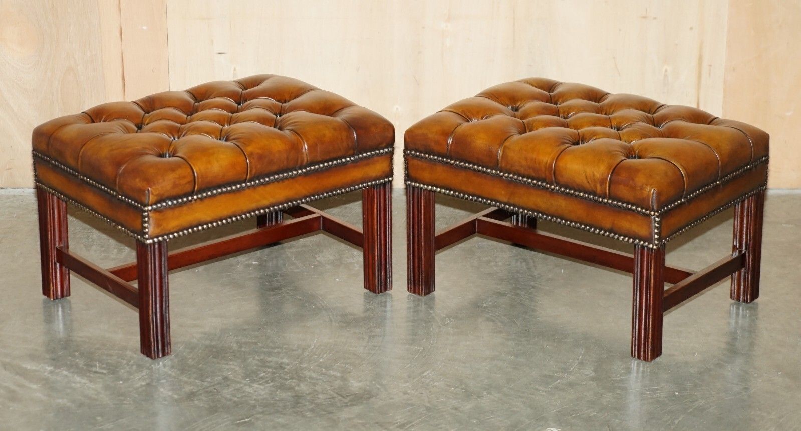Pair Of Fully Restored Vintage Hand Dyed Brown Leather Chesterfield Footstools photo furniture