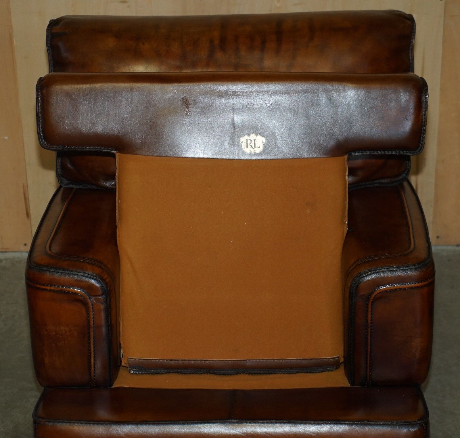Furniture Vintage Ralph Lauren USA Restored Hand Dyed Brown Leather Sofa Armchair Suite photo