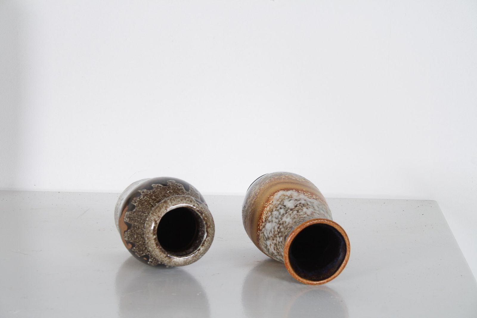 photo for sale A Pair Of West German Pottery Lava Vases In Earthy Vibrant Tones
