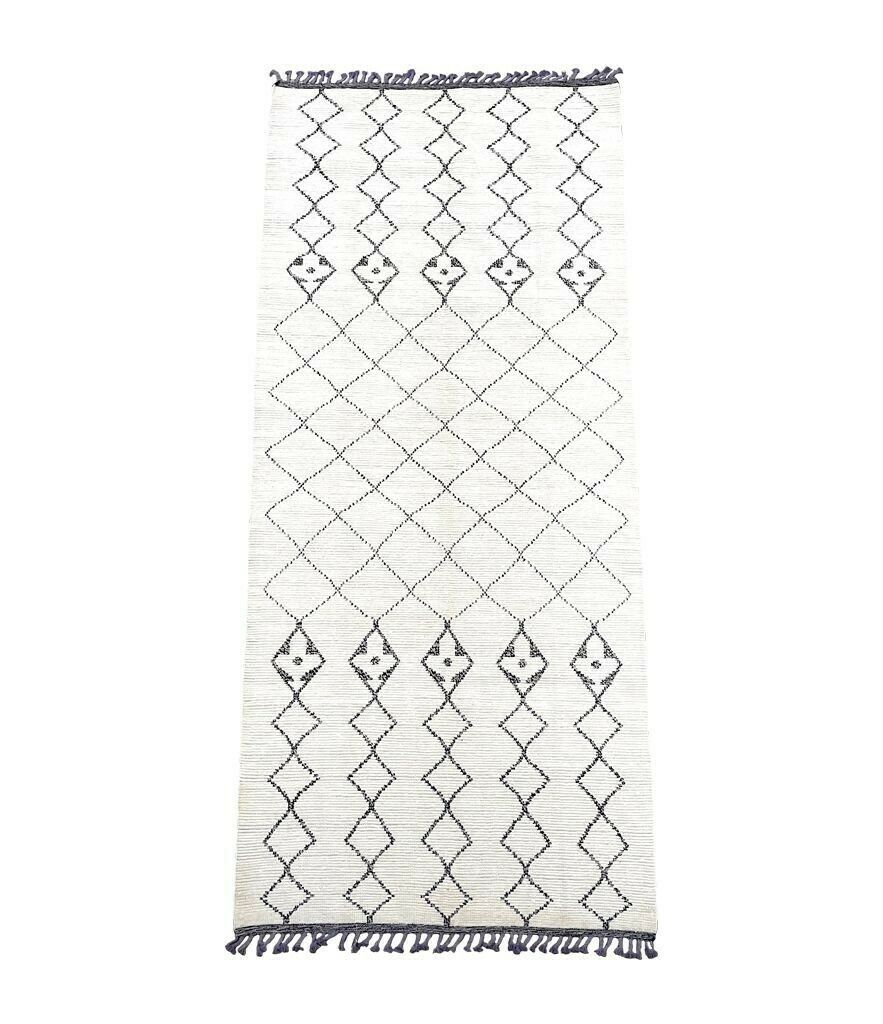 A Large Handwoven Moroccan Beni Ourain Wool Berber Rug With Tribal Diamond And Line Pattern