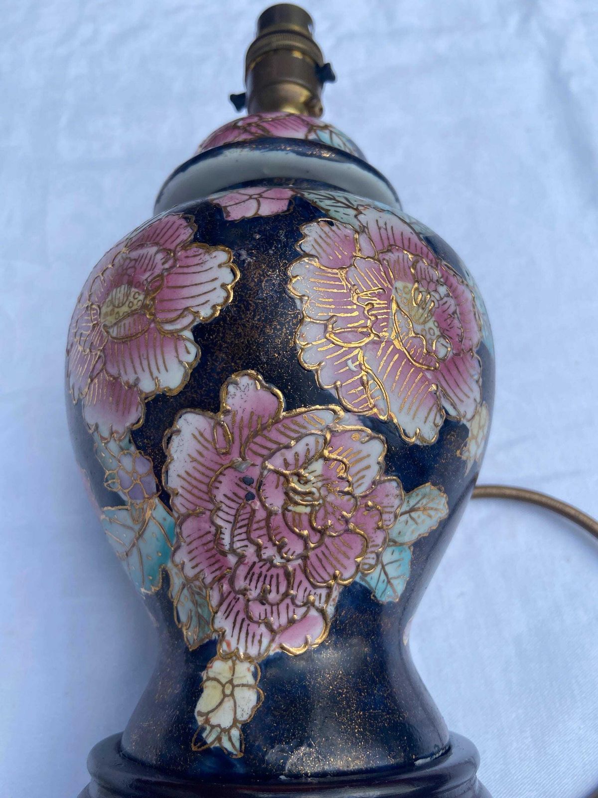 Original Vintage C A Lighting Oriental Ginger Jar Style Table Lamp   Navy And Gold With Pink Bold Flowers   Working Condition photo furniture
