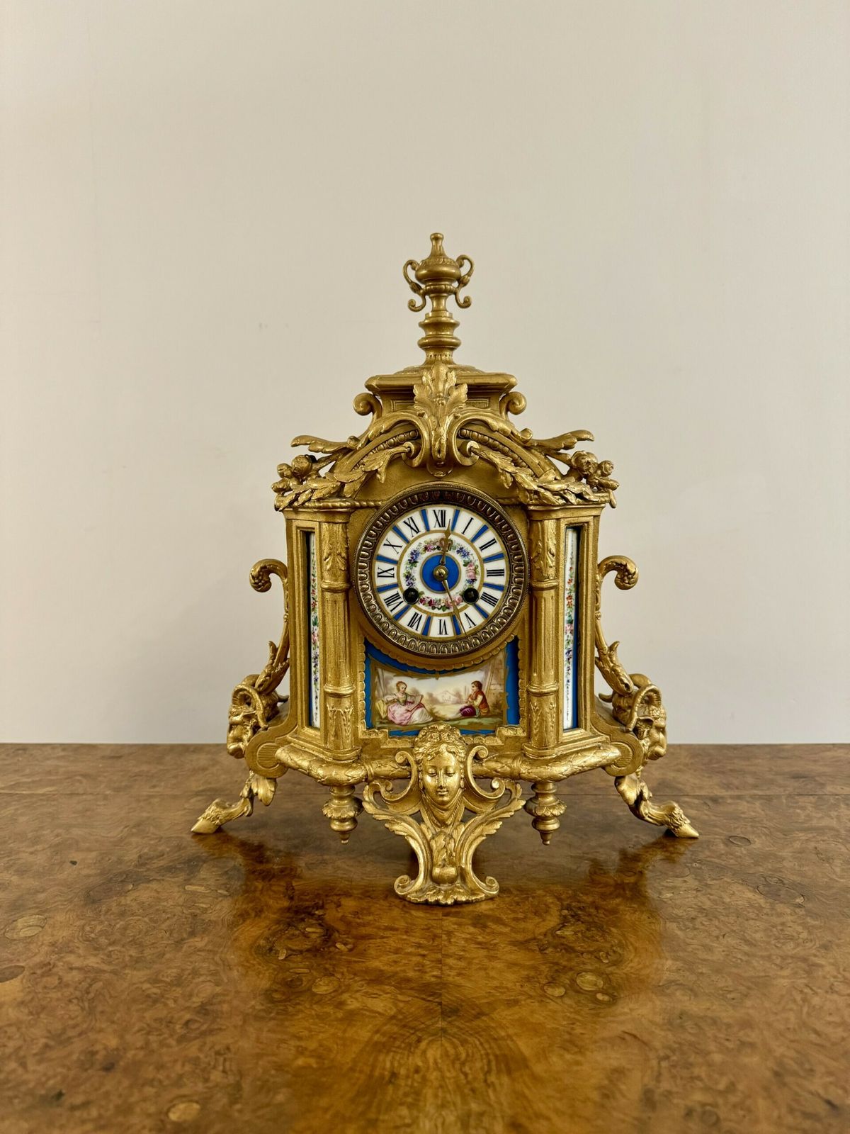 Elegant Quality 19th Century French Gilt Metal And Porcelain Clock