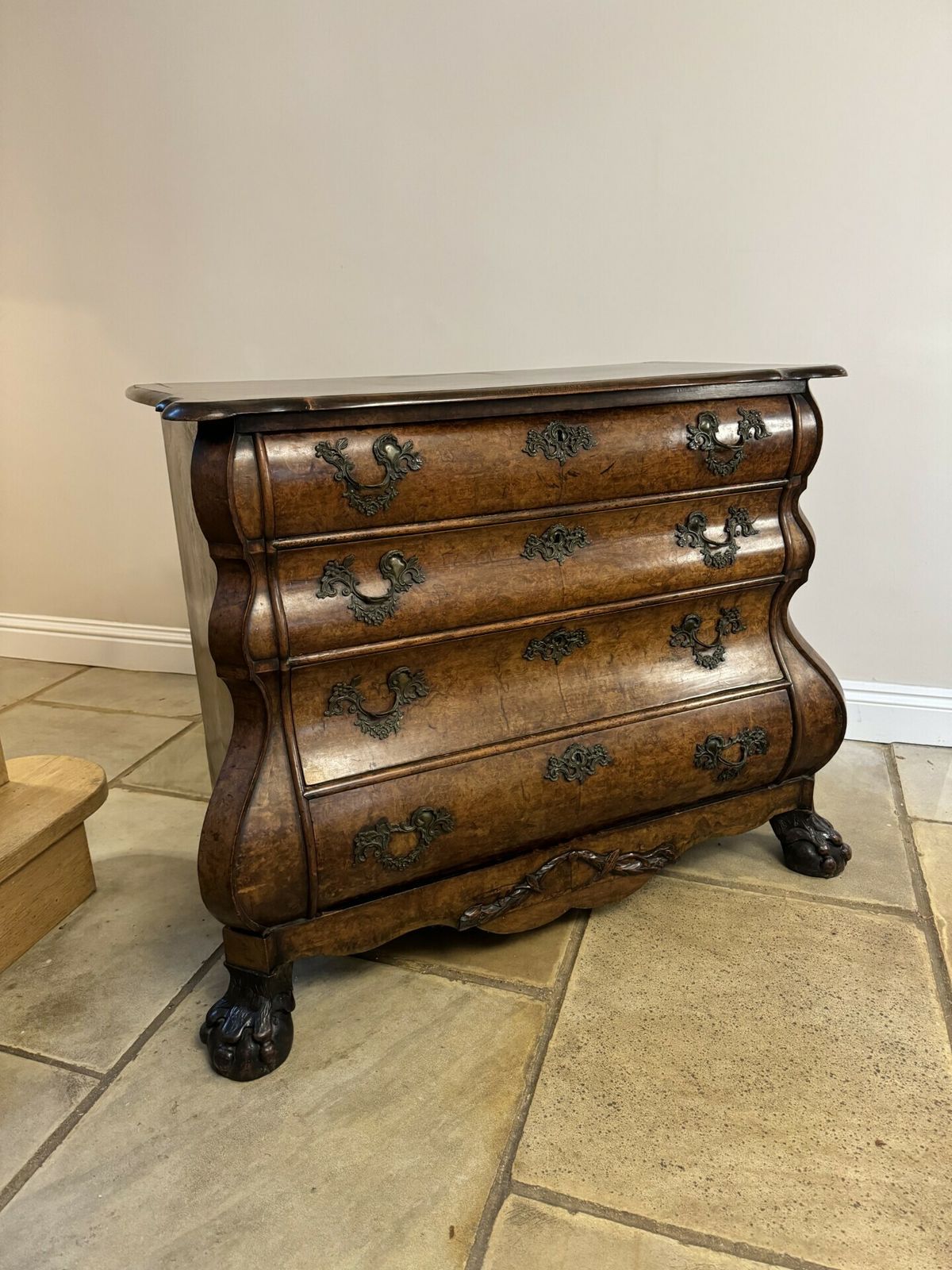 Outstanding Quality 18th Century Dutch Antique Burr Walnut Bombe Chest Of Drawers photo for sale