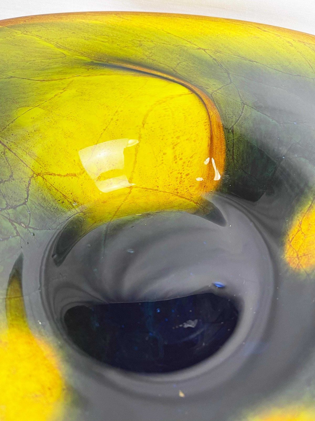 Vintage Large Yellow And Black Glass Bowl. Large Unusual Glass Dish, Vintage Artglass, Mid Century Modern Aesthetic, Original photo vintage