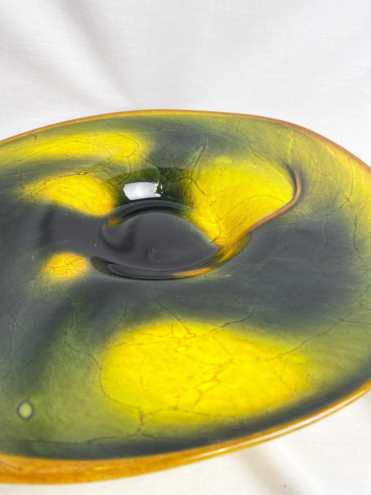 photo furniture Vintage Large Yellow And Black Glass Bowl. Large Unusual Glass Dish, Vintage Artglass, Mid Century Modern Aesthetic, Original