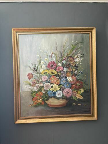 Vintage Beautiful Large Framed Flowers Painting