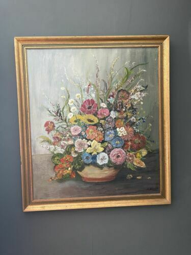 Vintage Beautiful Large Framed Flowers Painting photo furniture