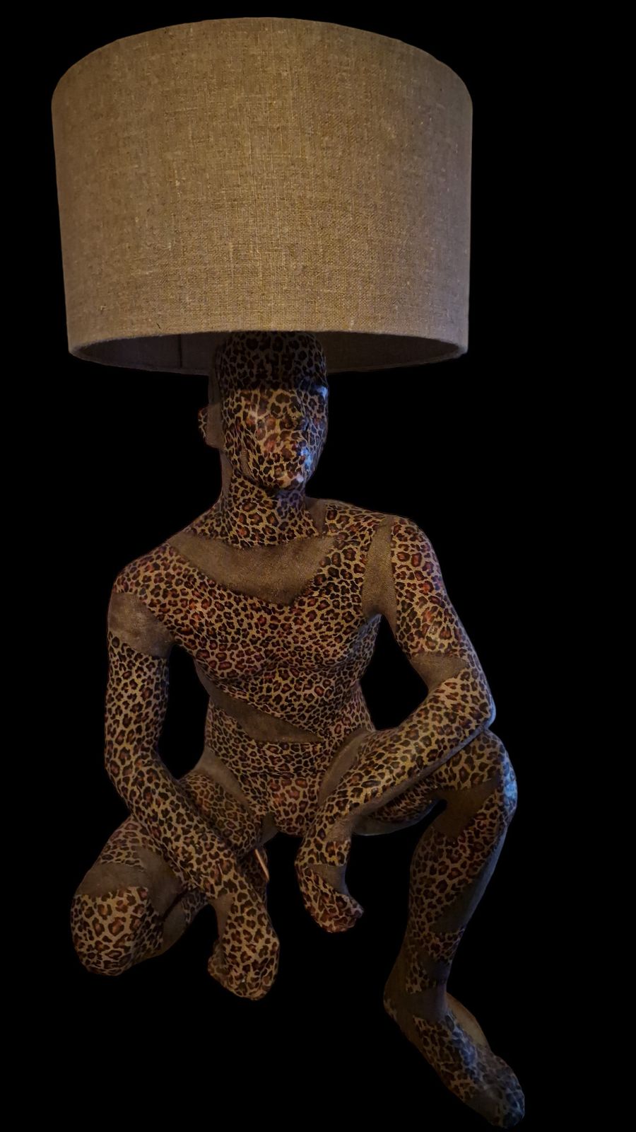Jorge, By Dolly Fixtures. Vintage Mannequin Lamp In Superhero Pose, Clad In Animal Print.