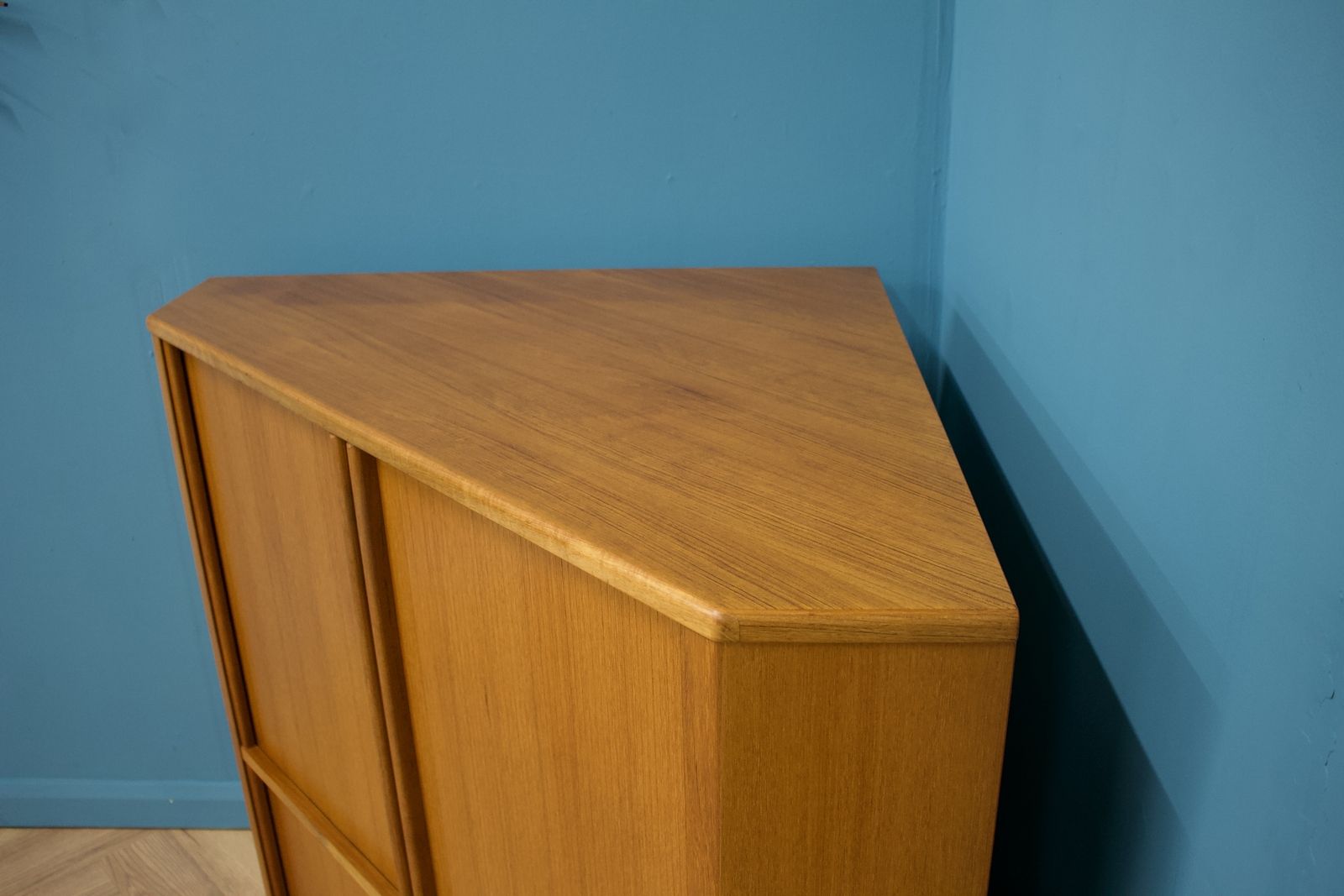Mid Century Large Danish Teak Tambour Door Corner Tv Cabinet, 1970s photo Furniture