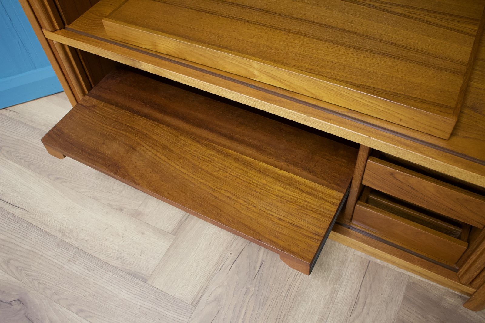 Mid Century Large Danish Teak Tambour Door Corner Tv Cabinet, 1970s photo vintage