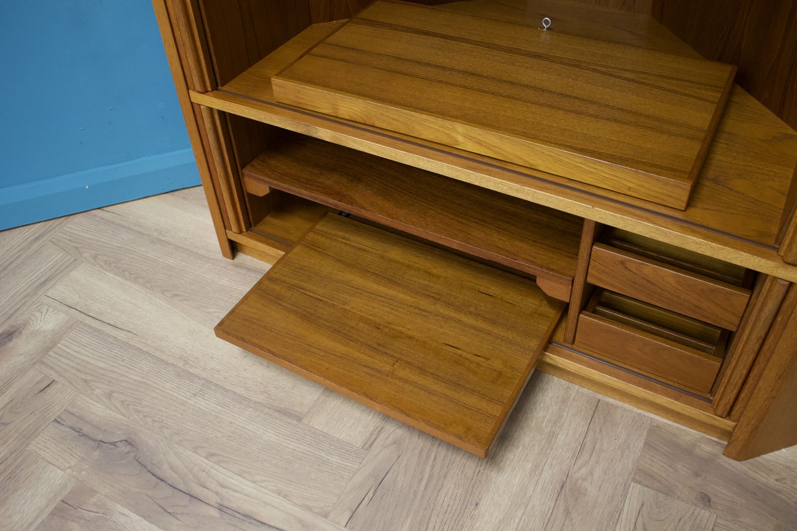 photo furniture Mid Century Large Danish Teak Tambour Door Corner Tv Cabinet, 1970s