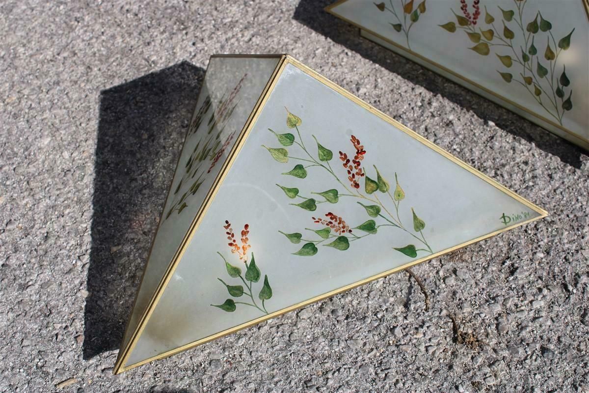 Pair Of Wall Lamps Triangle Design Italian Naturalist Painted Glass photo for sale