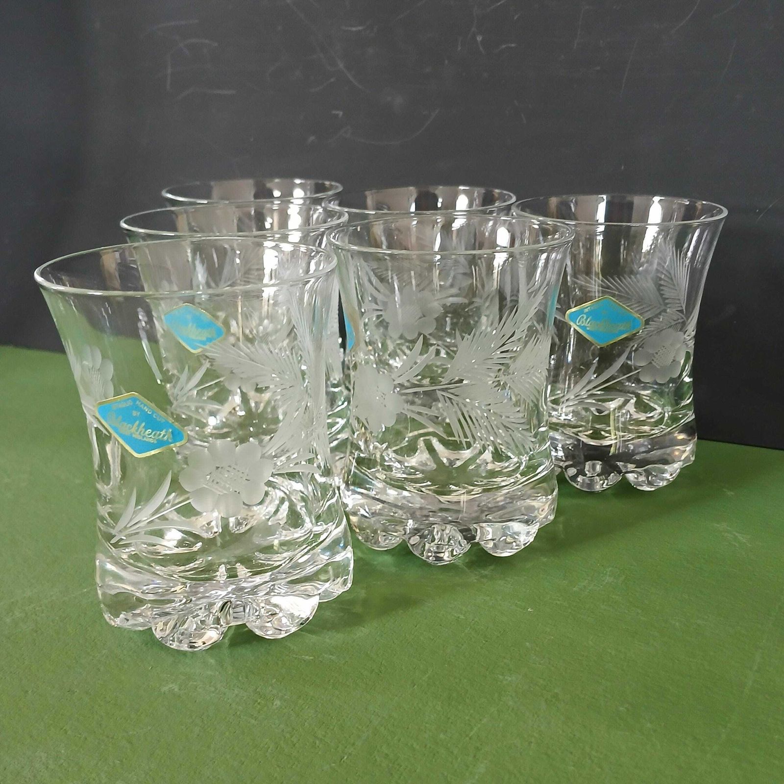 Rare Set Of 6 Vintage Crystal Etched Tumblers With Knobbly Bases, Blackheath Glassworks, England 1960s, Whisky, Old Fashioned, Cocktails photo Home Decor