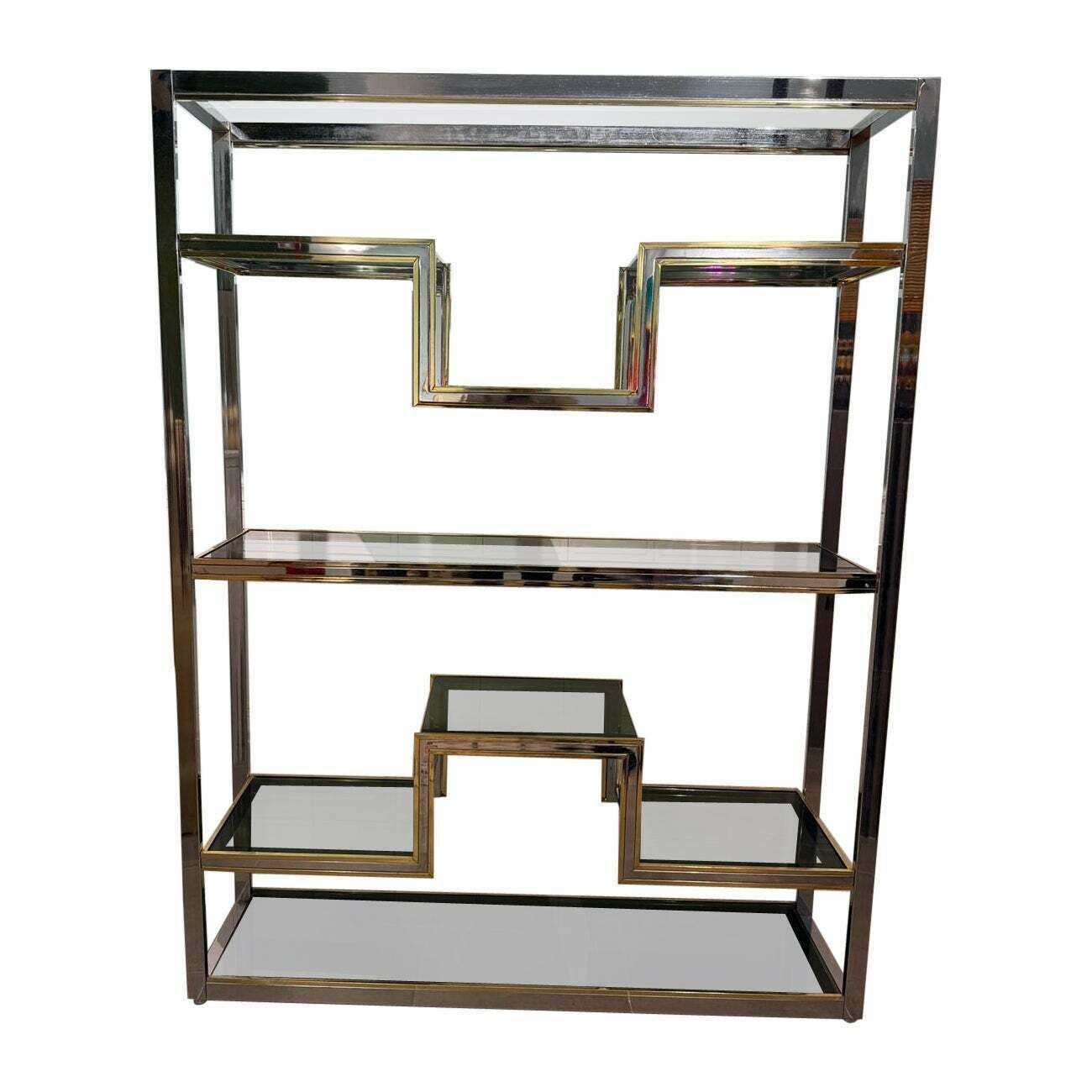 Bookcase In Chromed Metal And Brass Minimalist Romeo Rega 1970 Italy