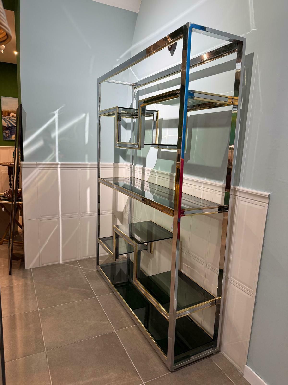 Bookcase In Chromed Metal And Brass Minimalist Romeo Rega 1970 Italy photo for sale