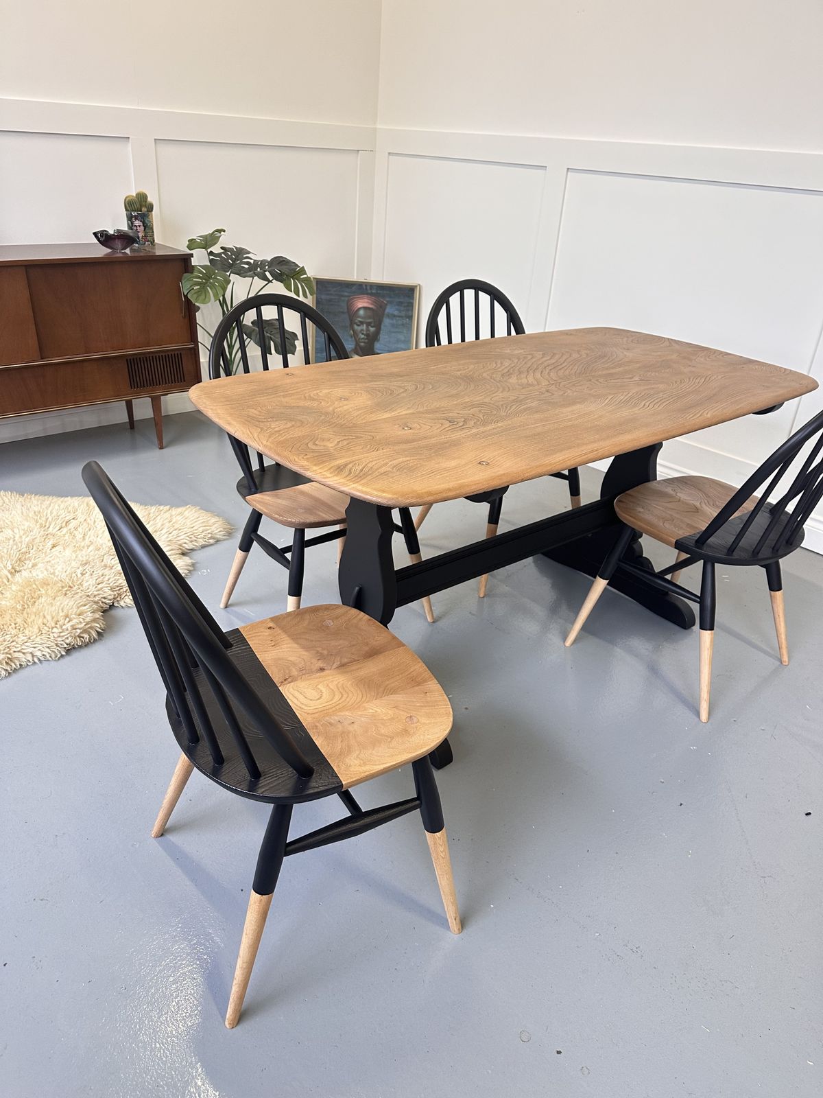 Ercol Blonde And Black Hand Painted Dining Table & Chairs Elm And Beach Wood photo for sale