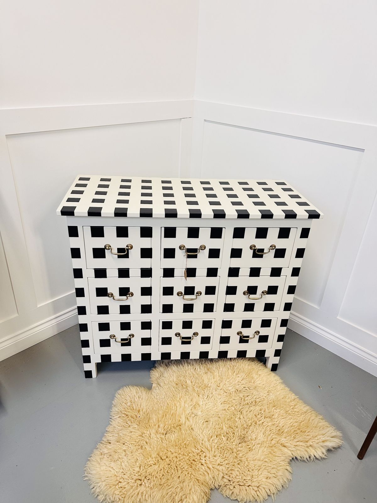 Striped/ Checkered Black And White Vintage Chest Of Drawers With Brass Handles, Painted To Order photo Furniture