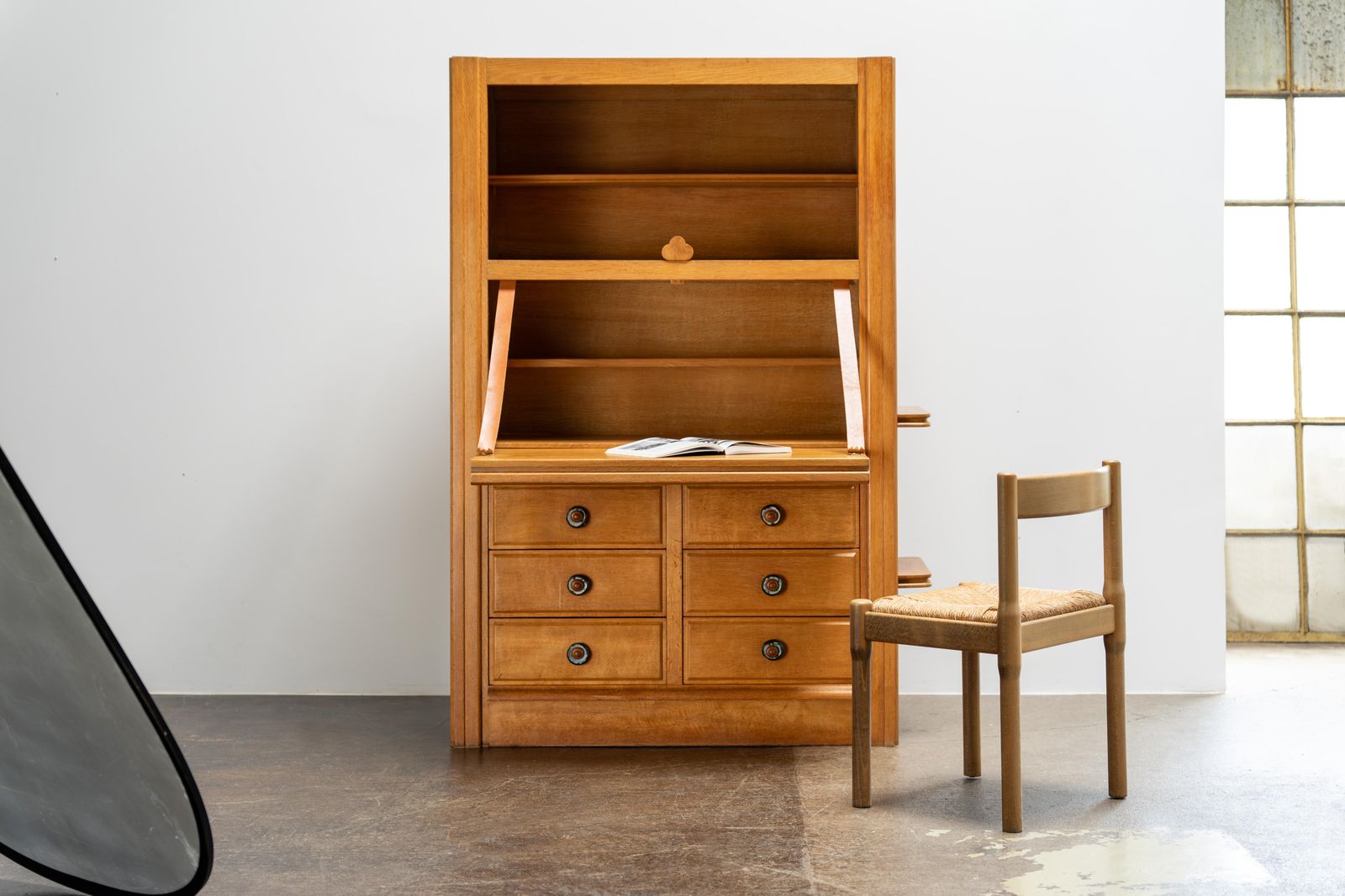 Oak Secretary With Ceramic Handles By Guillerme & Chambron, France, 1960s photo Furniture