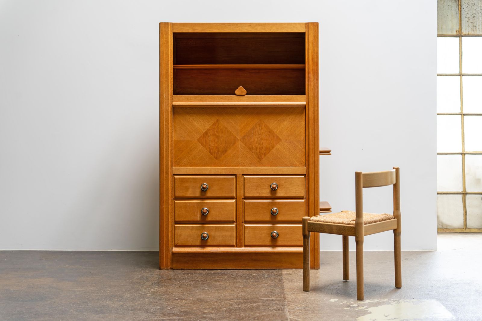 Oak Secretary With Ceramic Handles By Guillerme & Chambron, France, 1960s photo vintage