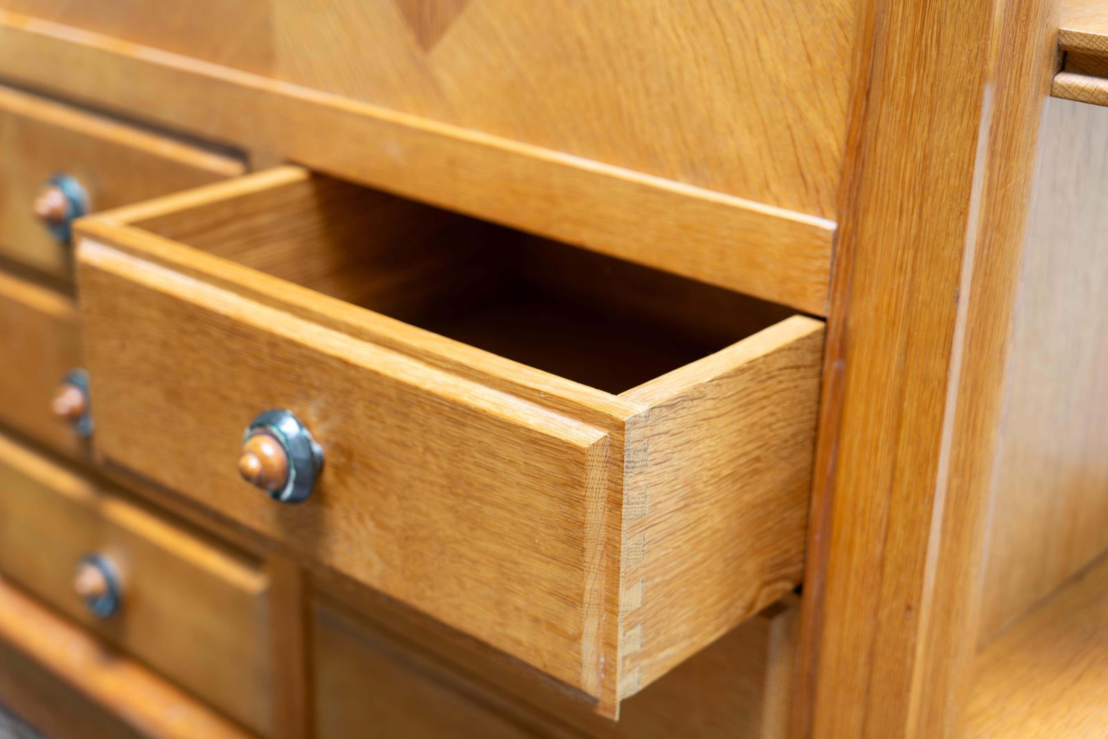 photo furniture Oak Secretary With Ceramic Handles By Guillerme & Chambron, France, 1960s