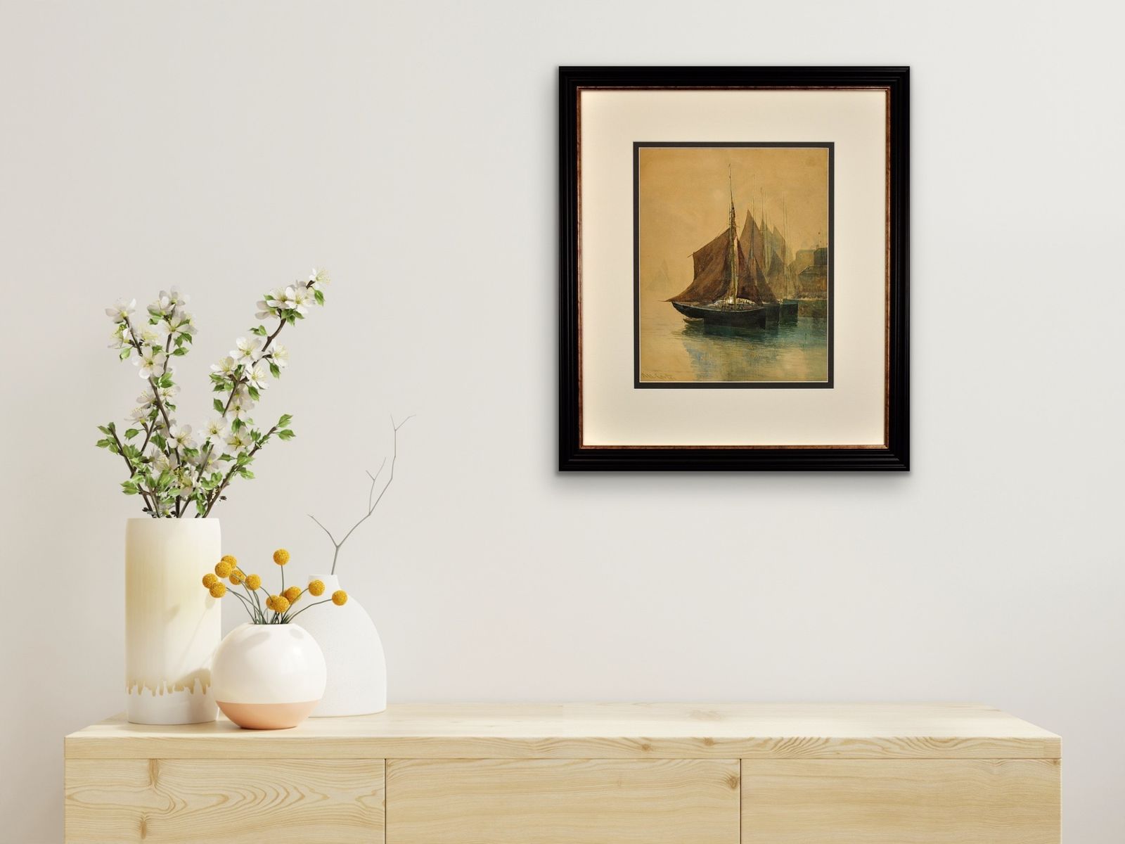 photo vinterior Richard Harry Carter 1839 To 1911. English. West Country Trawling Luggers, Circa 1904. Framed Watercolour Painting. Devon & Cornwall Fishing.