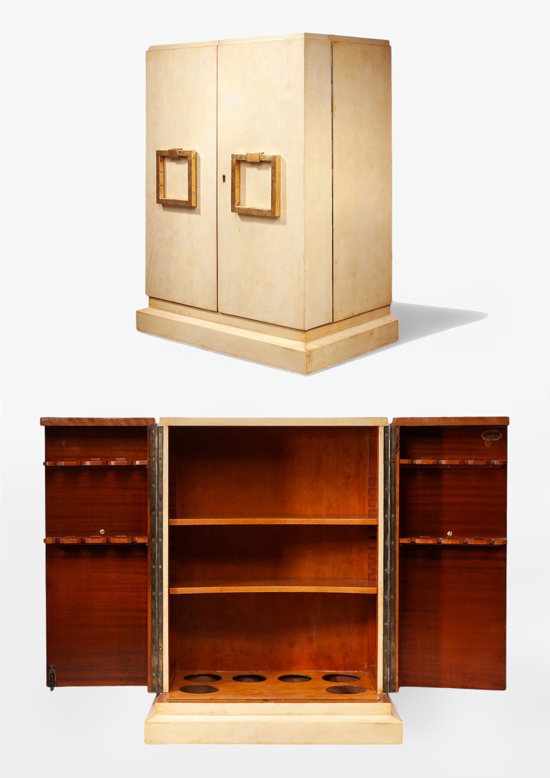 Mid 20th Century Modern Parchment Covered Wood Dry Bar Storage In The Style Of Jean Charles Moreux, France