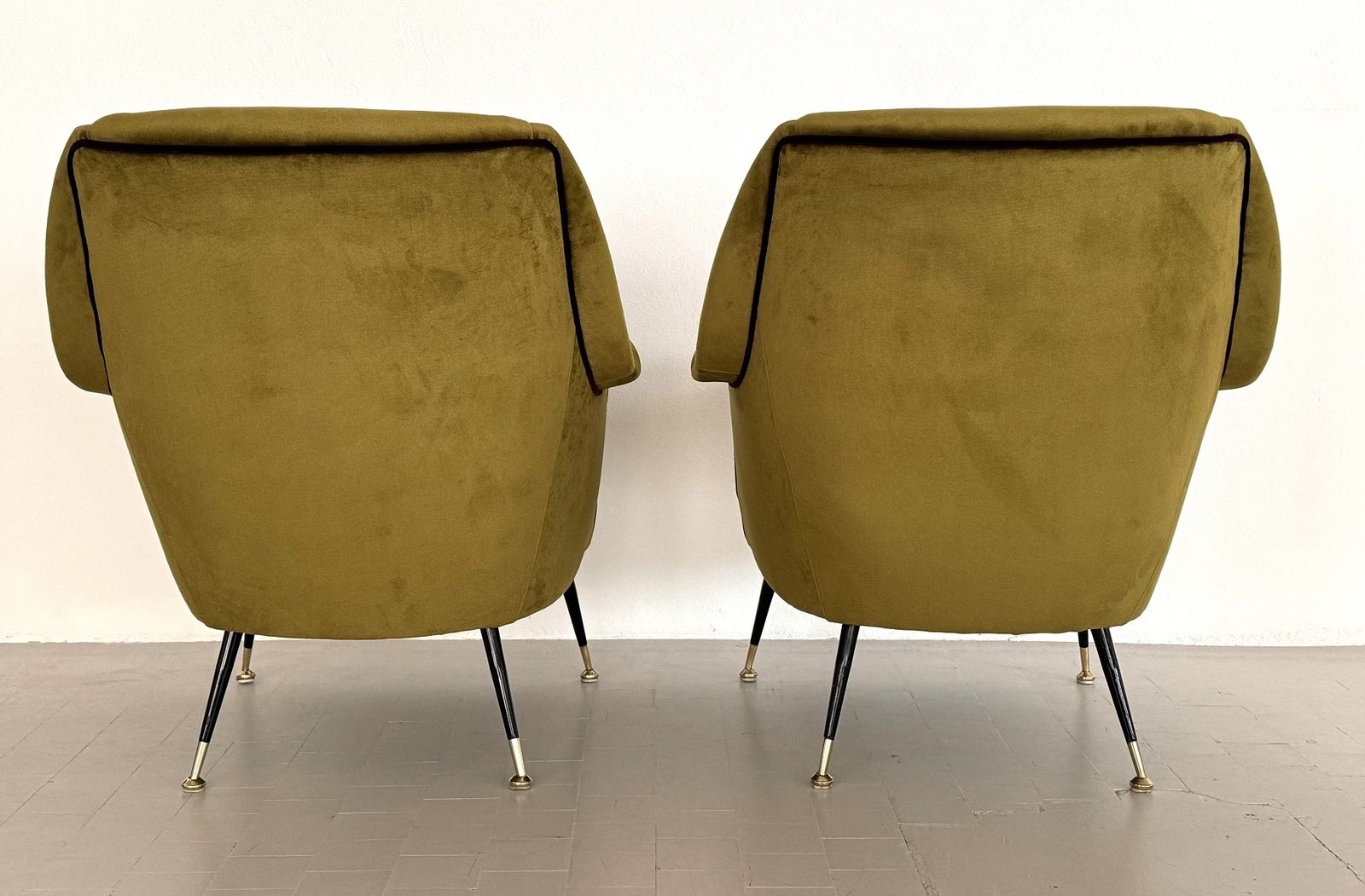 photo buy Italian Designer Pair Of Armchairs In Green Moss Velvet With Brass Feet, 1950s