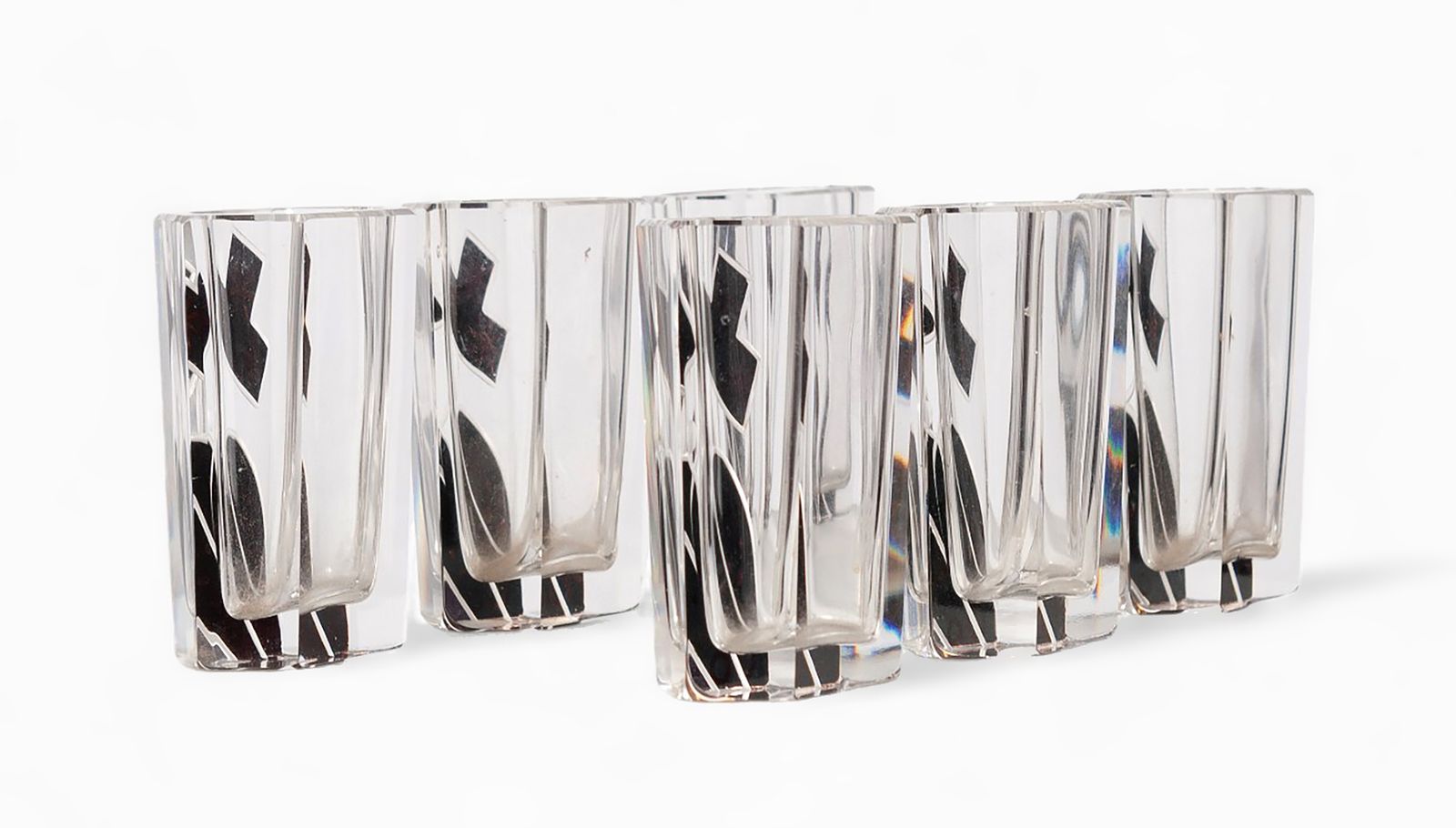 Set Of 1930s Art Déco Bohemian Black Enameled Crystal Decanter With Stopper And Six Glasses By Karl Palda, Czech Republic photo 2000.0