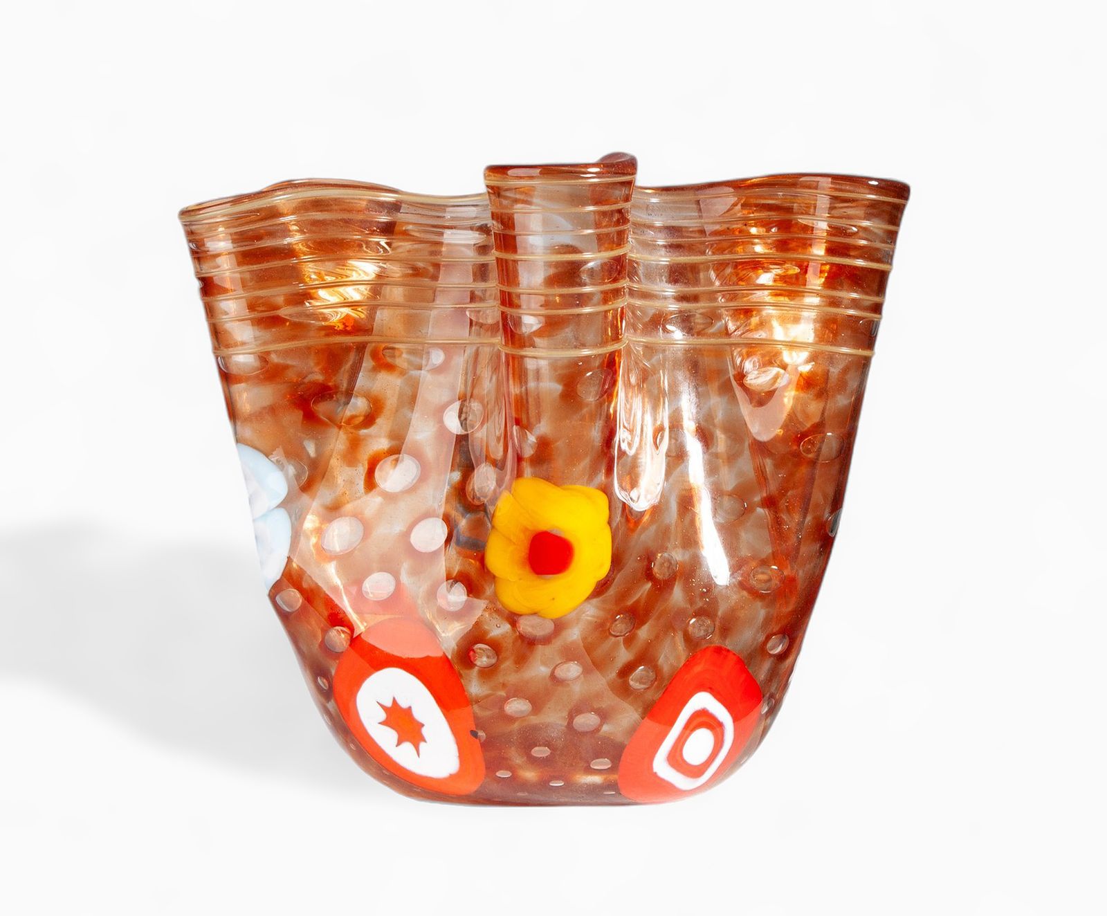 Mid 20th Century Modern Flowered Orange Murano Glass 'Fazzoletto' Vase With Folds, Italy