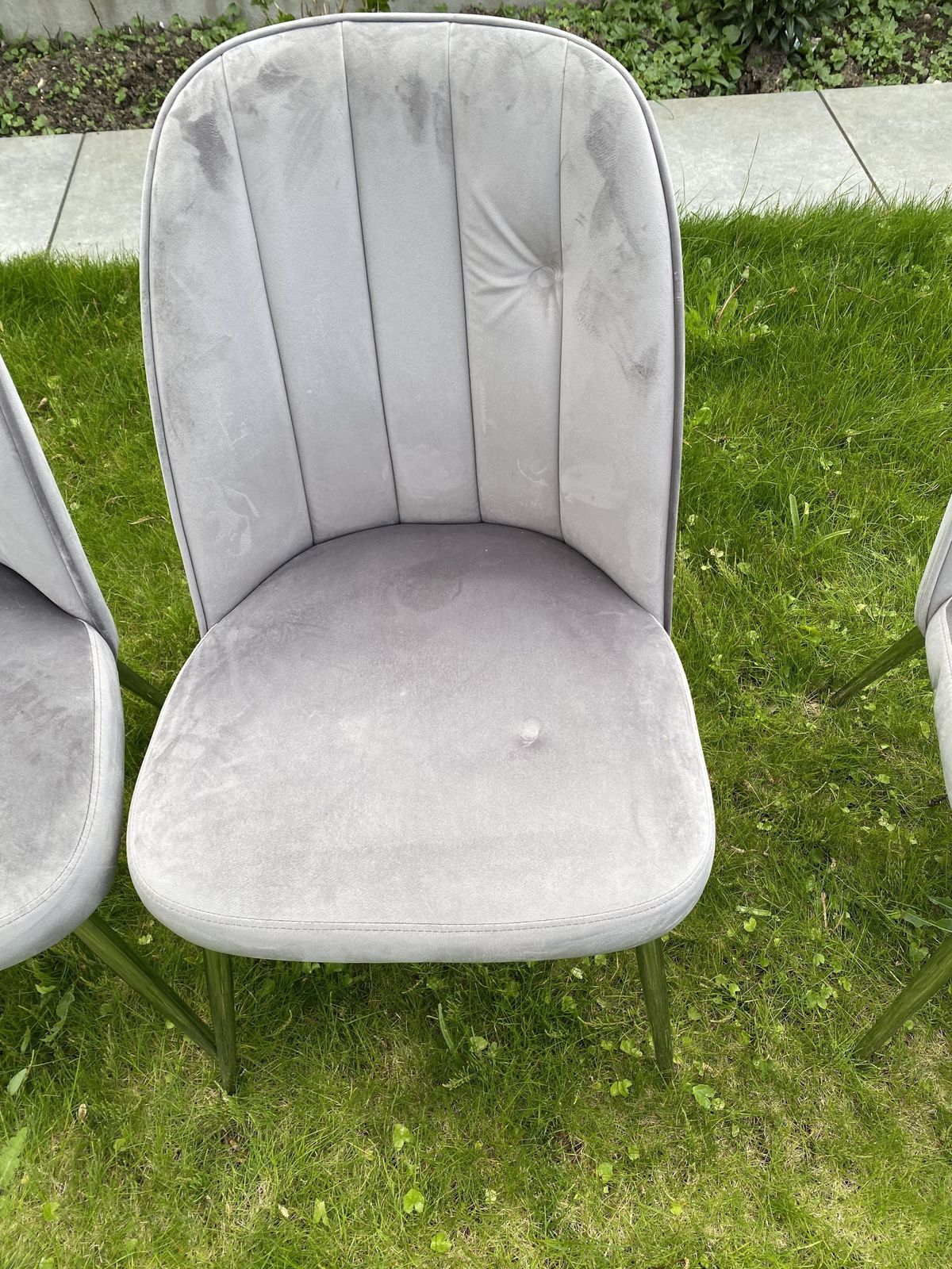 4 Grey Velvet Dining Chairs In Fairly Good Condition. Some Marks That Can Be Removed With photo for sale