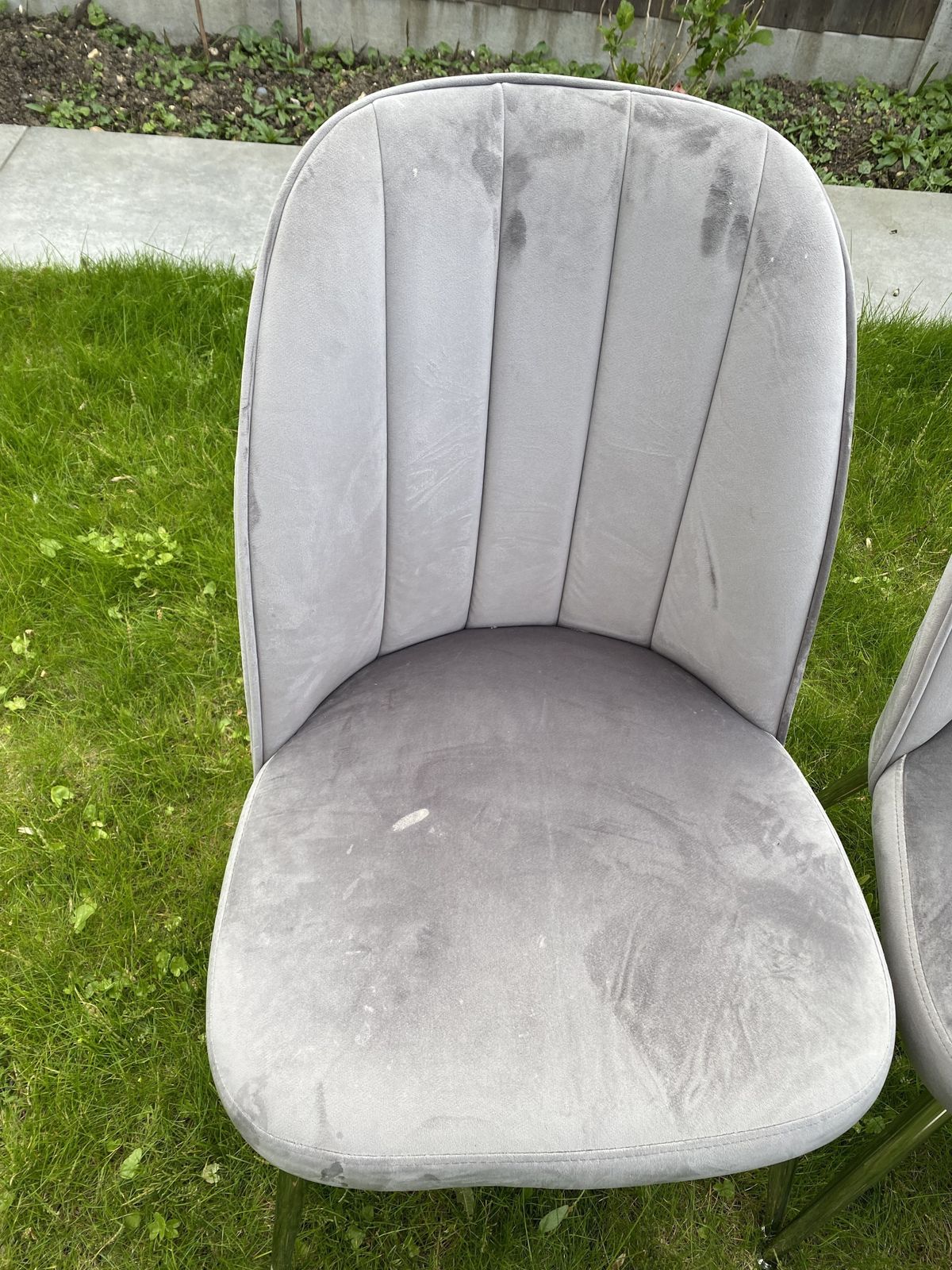 4 Grey Velvet Dining Chairs In Fairly Good Condition. Some Marks That Can Be Removed With photo Furniture