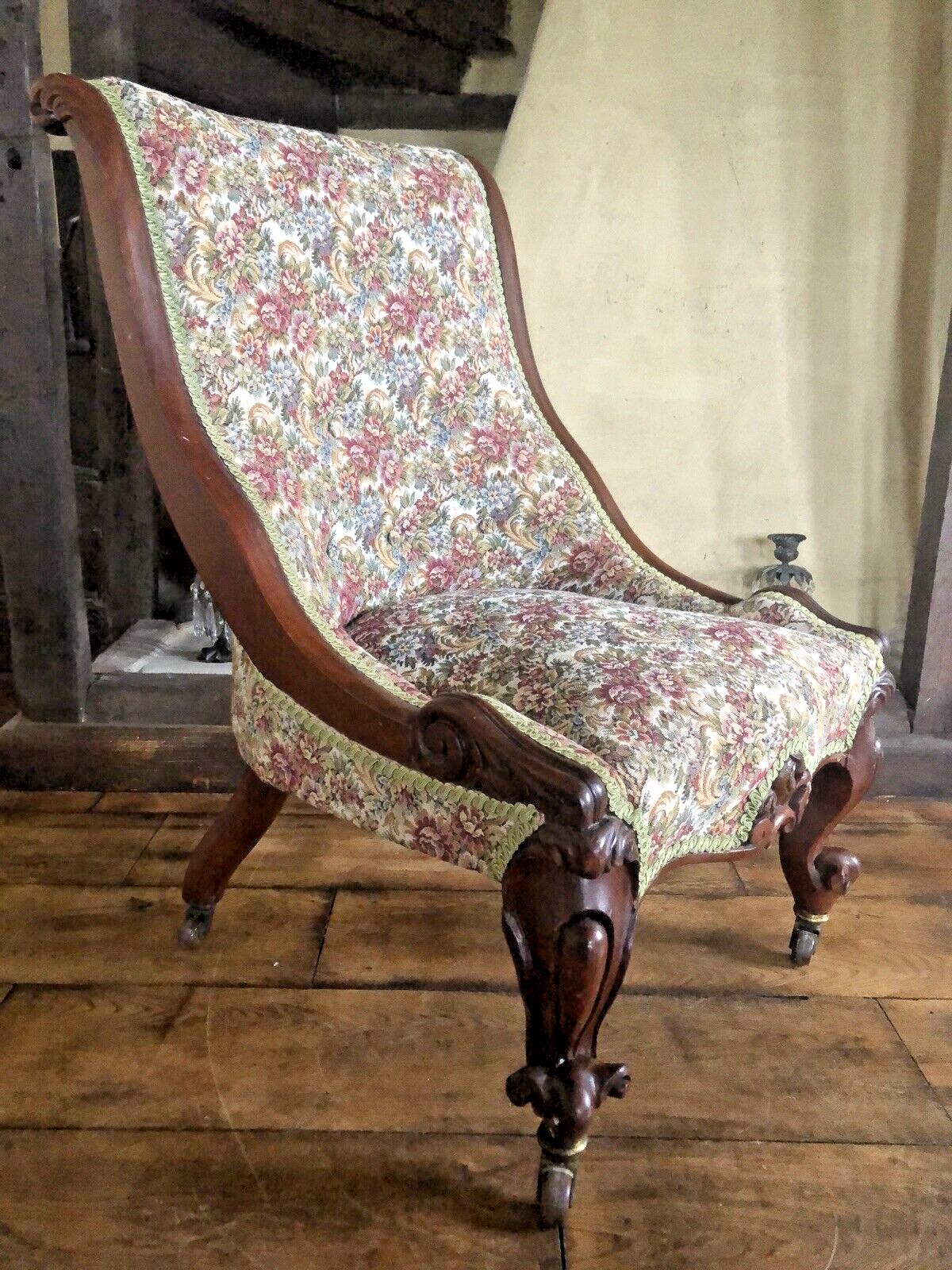 Original Antique Ornate Woven Tapestry Ladies Slipper Nursing Chair photo vinterior