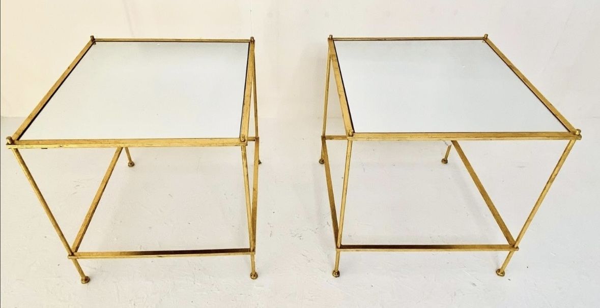 Pair Of Gilt Metal Gold Square Mirrored Glass Side Tables photo Furniture