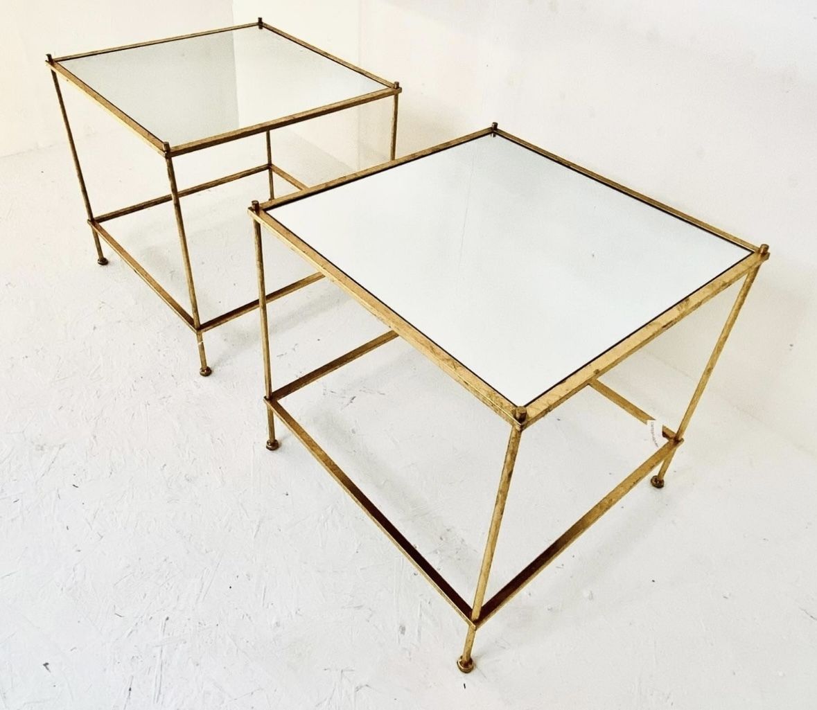 Pair Of Gilt Metal Gold Square Mirrored Glass Side Tables