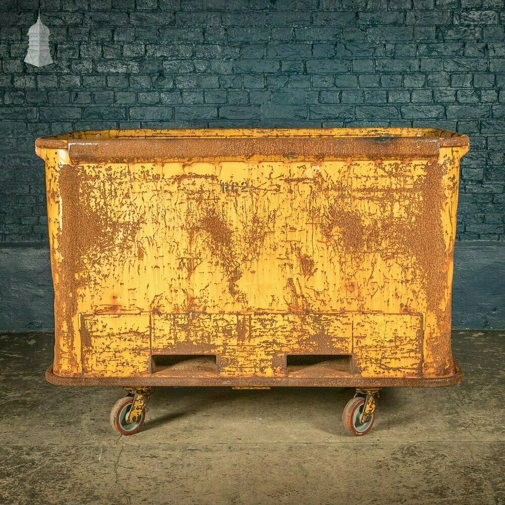 Wheeled Industrial Cart, Rusty Distressed Yellow Painted Steel, Factory Skip photo furniture