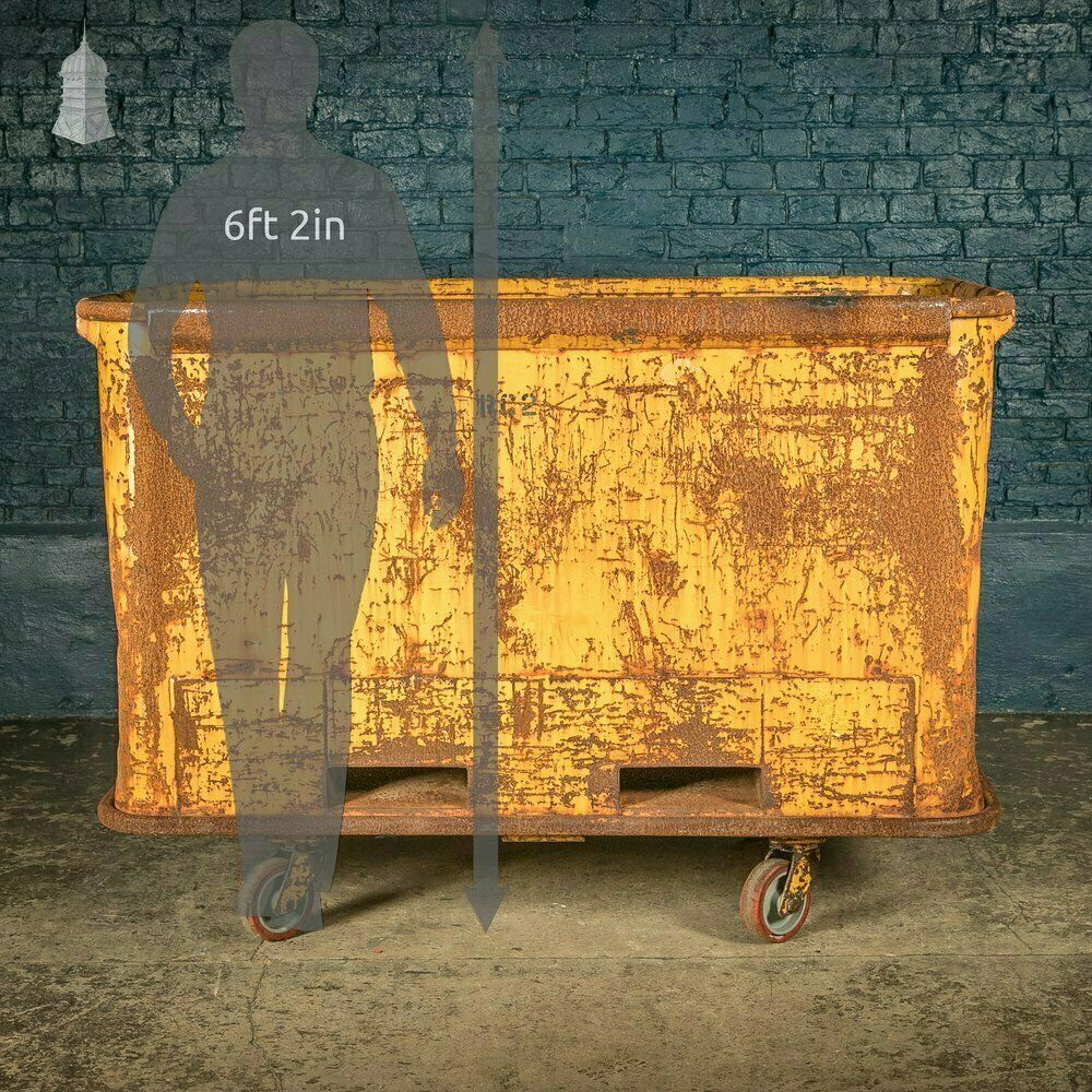 Wheeled Industrial Cart, Rusty Distressed Yellow Painted Steel, Factory Skip photo for sale