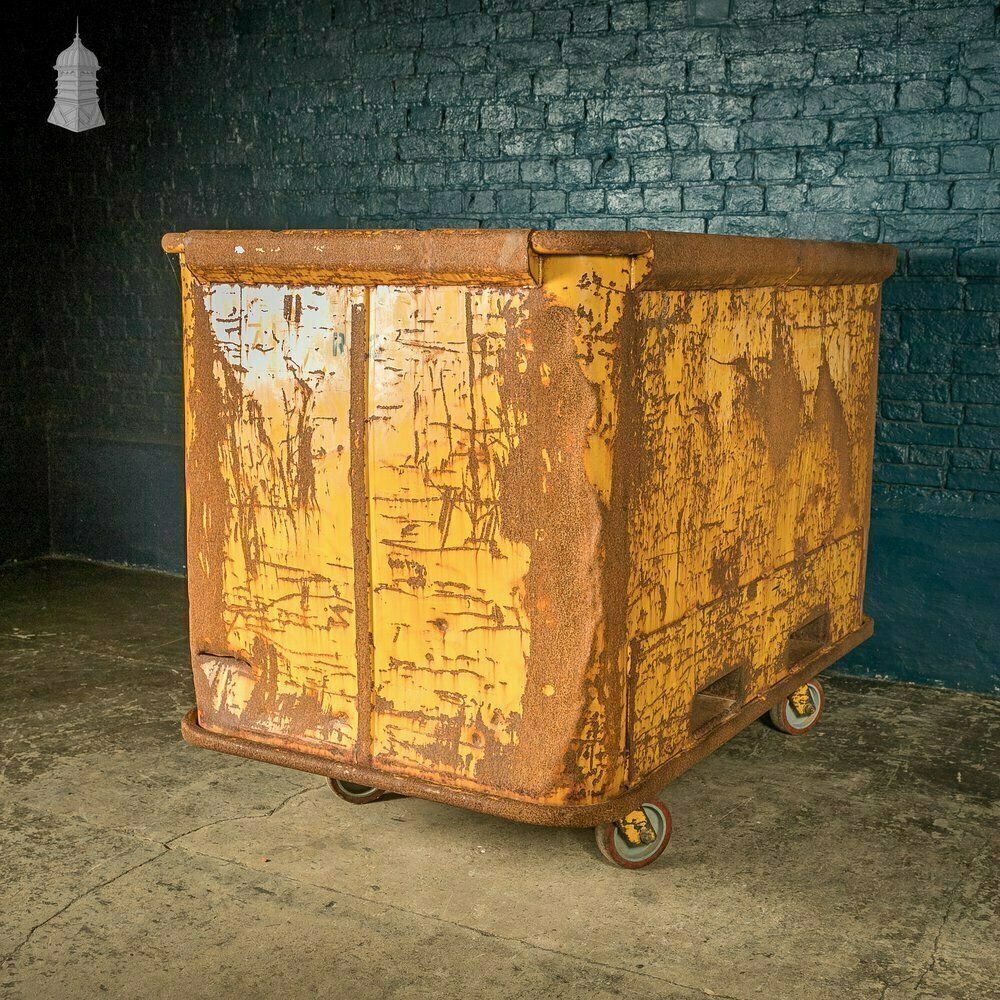 Wheeled Industrial Cart, Rusty Distressed Yellow Painted Steel, Factory Skip photo vinterior