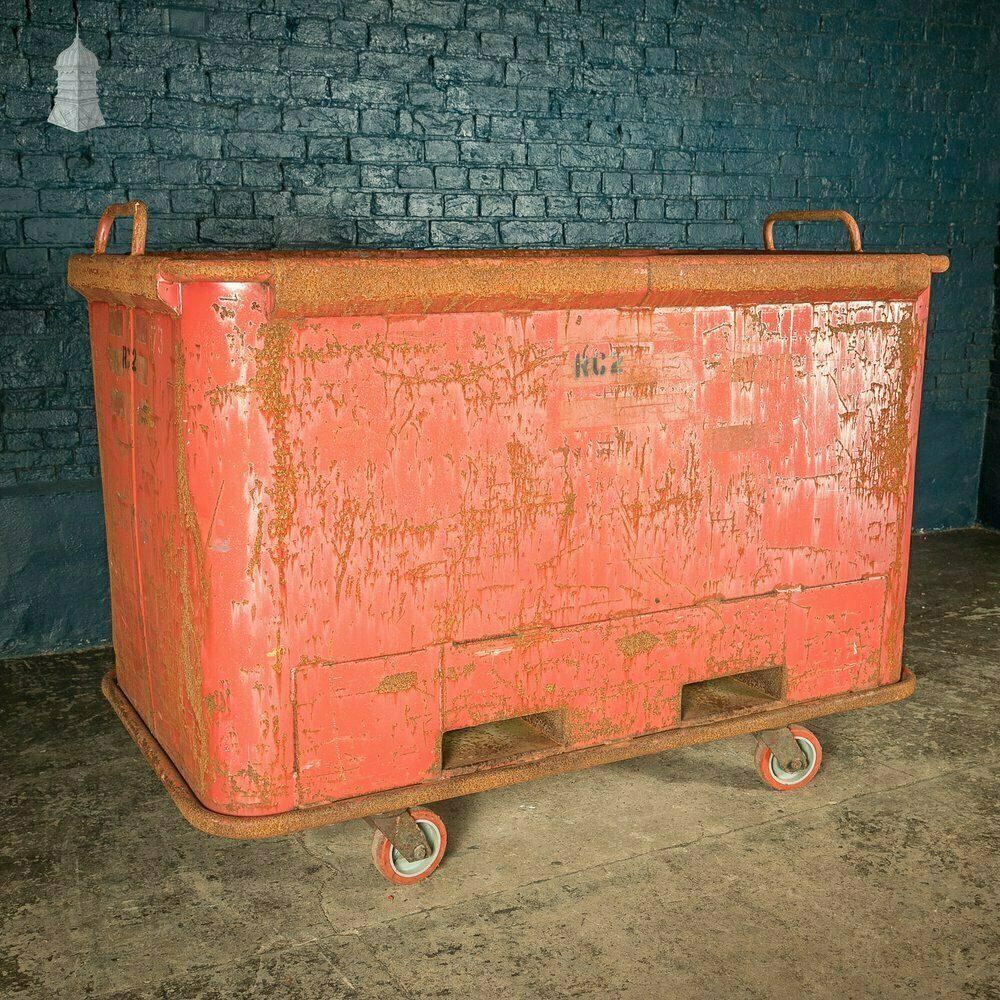 Wheeled Industrial Cart, Rusty Distressed Red Painted Steel, Factory Skip